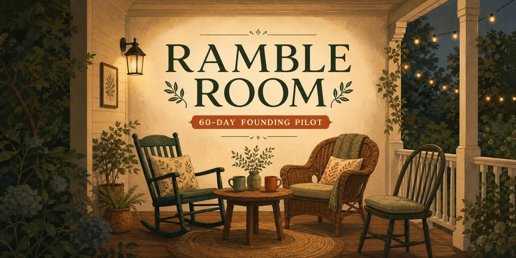 Ramble Room 60-Day Founding Pilot, shown as three chairs around a porch table